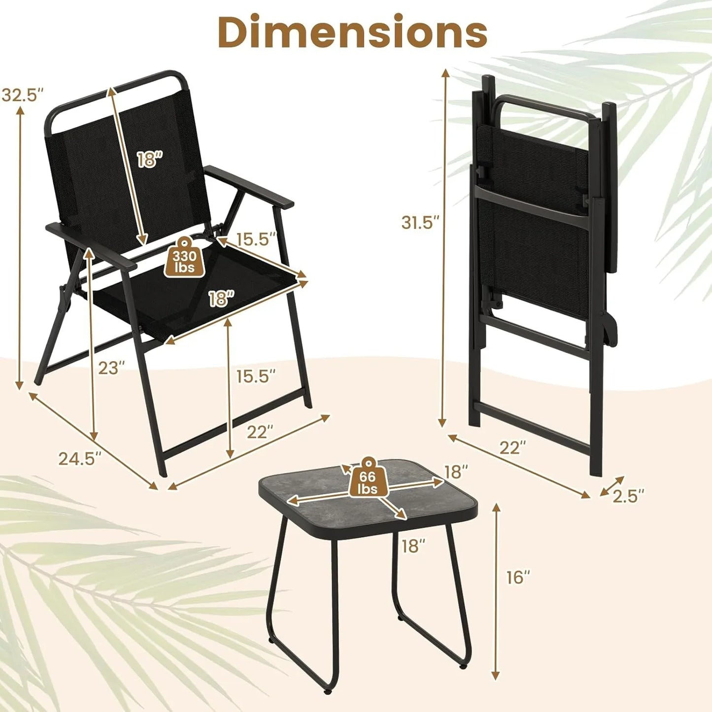 3 Pieces Folding Patio Bistro Set, Patio Furniture Set with 2 Folding Fabric Chairs and Side Table, Small Outdoor Conversation S