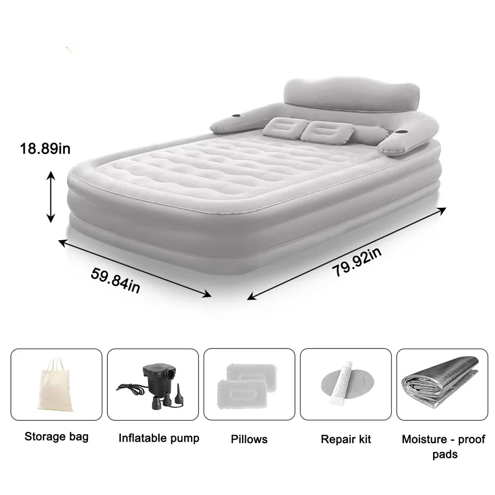 Gray 2 Persons Inflatable Mattress Camping Folding Home Outdoor Indoor Inflatable Mattress 48cm High Bed Lazy Laying Air Cushion