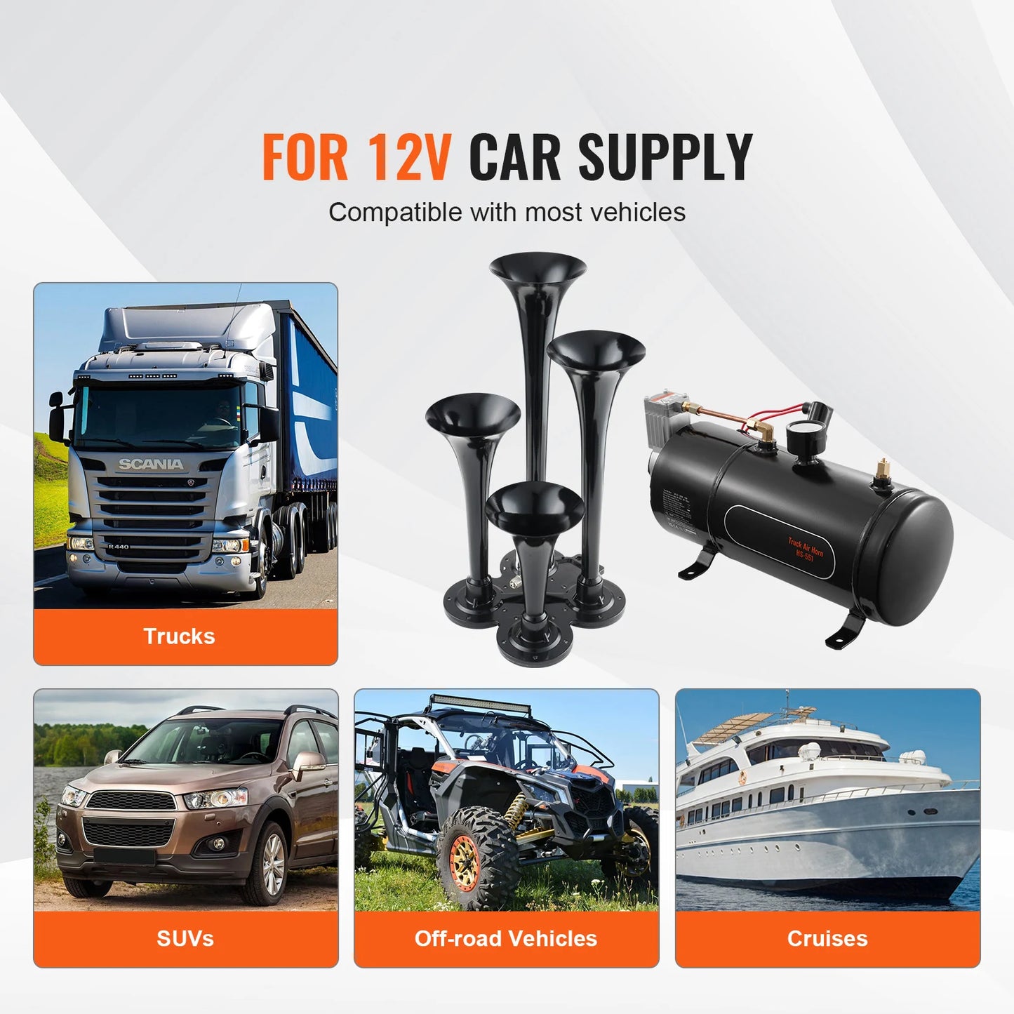 SucceBuy Train Horns Kit 4 Trumpet Air Horn Kit 150dB Train Horns 12V 120psi Air Compressor for Car Truck Train Van Boat Pickup