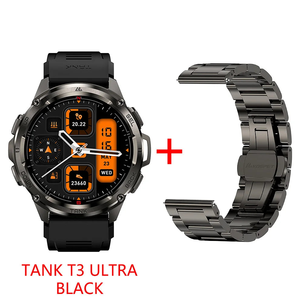 KOSPET TANK T3 Ultra GPS Smart Watch For Men Altimeter Compass Barometric 470mAh 60 Days Battery Bluetooth Call IP69K Waterproof