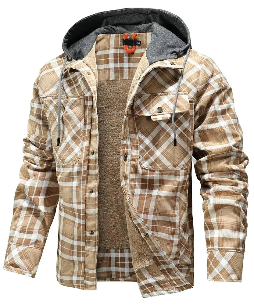 Men's Jackets Winter Hooded Warm Coat Casual Thicken Plaid Work Flannel Snap Sherpa Lined Fleece Clothing US Size