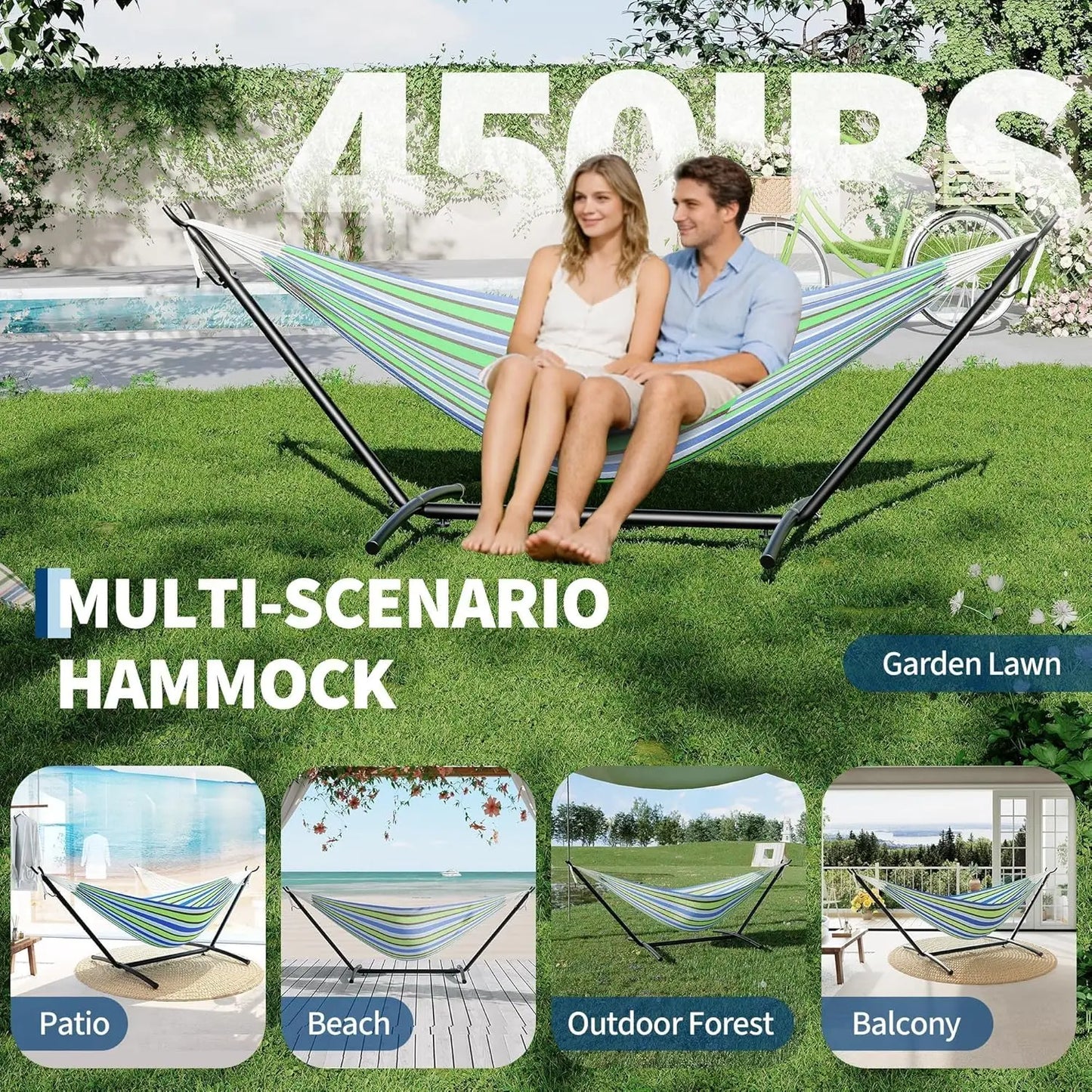 Portable Double Hammock with Stand, Heavy-Duty Steel Frame for Indoor Outdoor Use, 450 lbs Capacity
