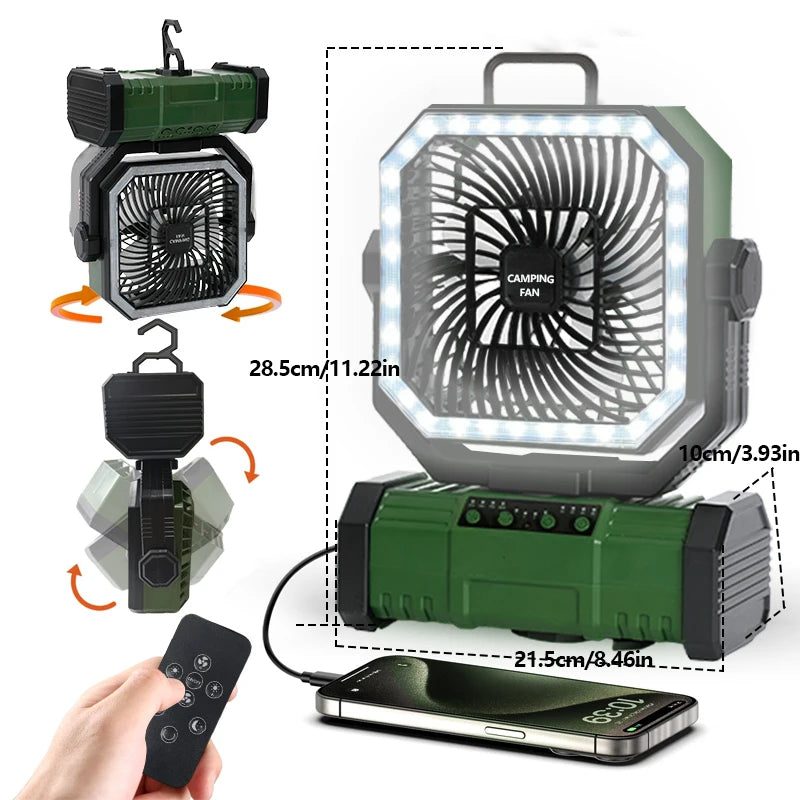 20000mAh Camping Fan with LED Lantern, Rechargeable Battery Operated Oscillating with Remote Hook Steroage Bag