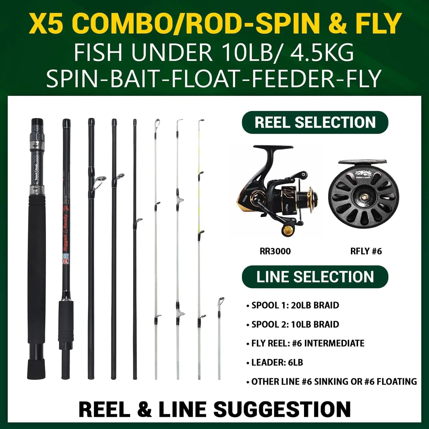 Rigged & X Series™ Travel Fishing Rods. 6 Super Compact Combos and Rods, Multi-Functional, Spinning