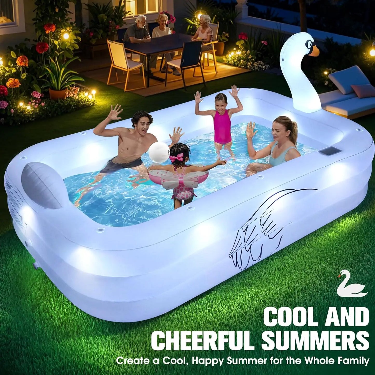 Blow Up Pools For Adults, Solar Swan Inflatable Pool With Lights, Inflatable Swimming Pool For Adults, Large Blow Up Pool For Ki