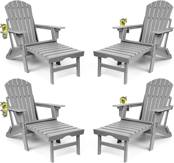Adjustable Folding Adirondack Chairs Set of 4 | With Retractable Ottoman & Built-In Cup Holder | All Weather Fire Pit Chairs