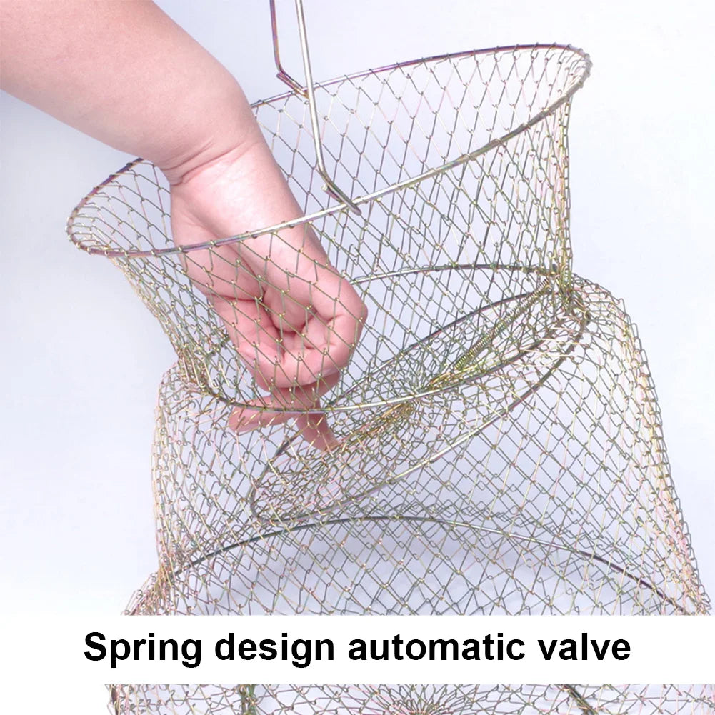 Galvanized Steel Wire Fish Basket Collapsible Fishing Basket Foldable Minnow Bucket Metal Mesh Fish Trap for Outdoor Fishing