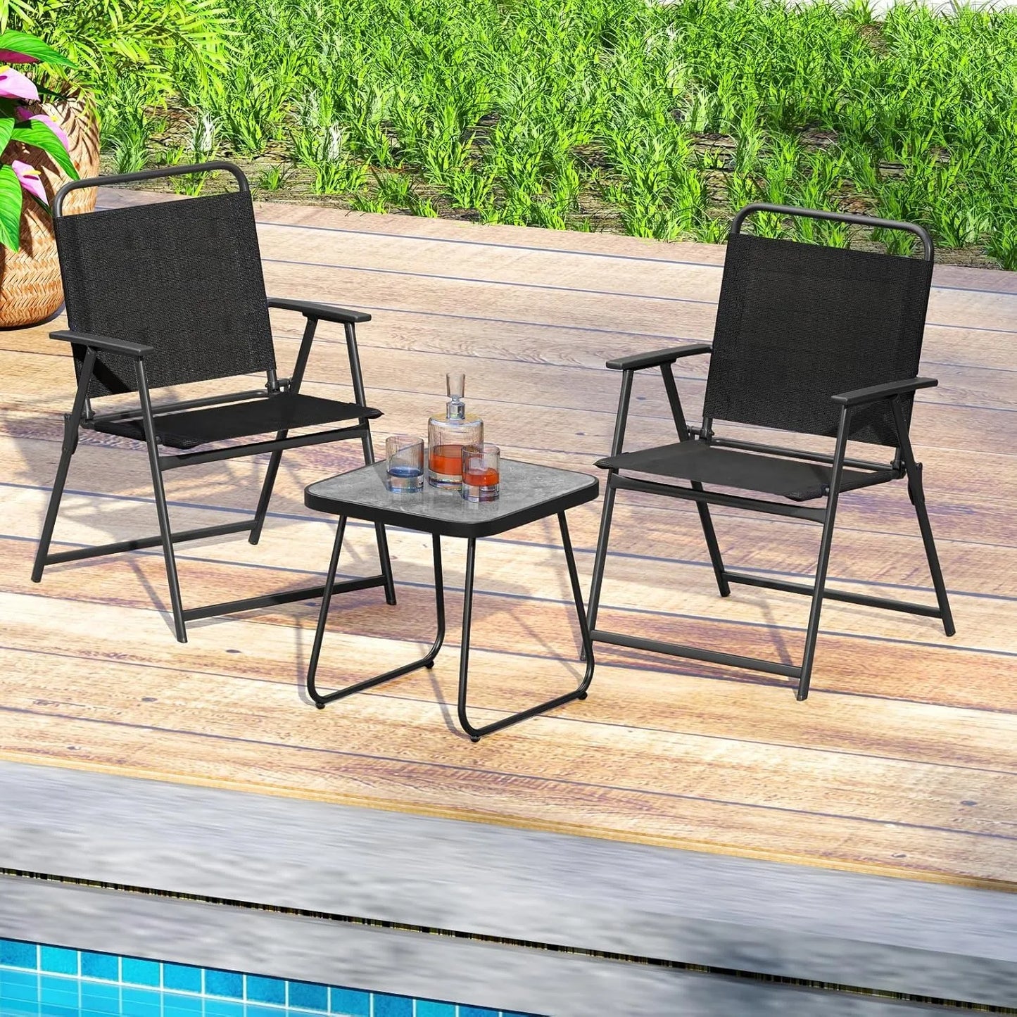 3 Pieces Folding Patio Bistro Set, Patio Furniture Set with 2 Folding Fabric Chairs and Side Table, Small Outdoor Conversation S