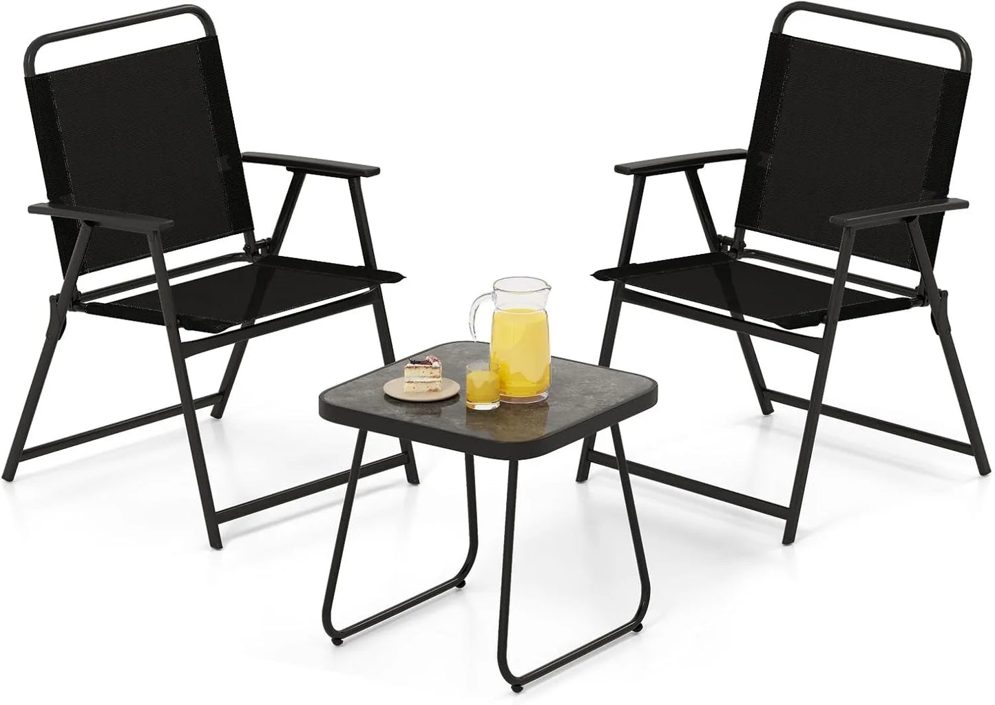 3 Pieces Folding Patio Bistro Set, Patio Furniture Set with 2 Folding Fabric Chairs and Side Table, Small Outdoor Conversation S