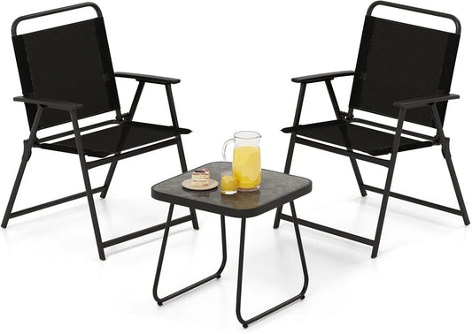 3 Pieces Folding Patio Bistro Set, Patio Furniture Set with 2 Folding Fabric Chairs and Side Table, Small Outdoor Conversation S