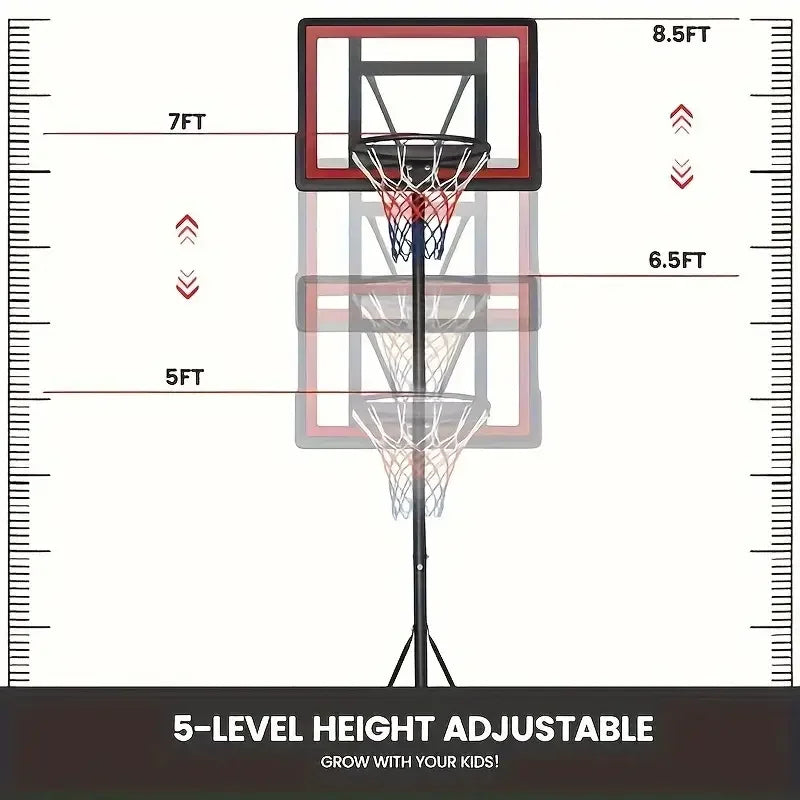 Adjustable Height 5.5-7" Basketball Stand with 44" Shatterproof Backboard - Portable Court System with Wheeled Base, Red