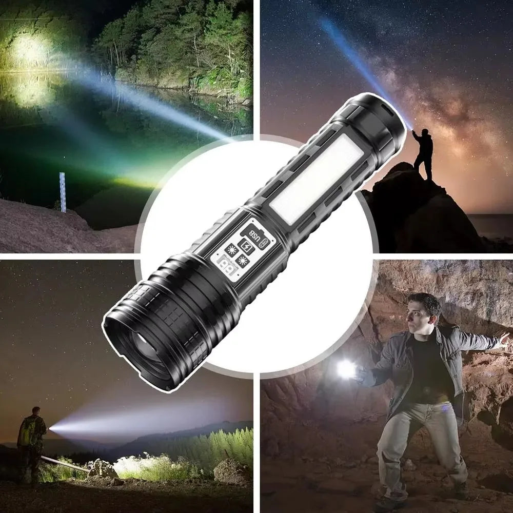 Bright Flashlight-Long Range Torch, Outdoor Portable LED Flashlight with Side Light LCD Display for Camping, Hiking, Adventures