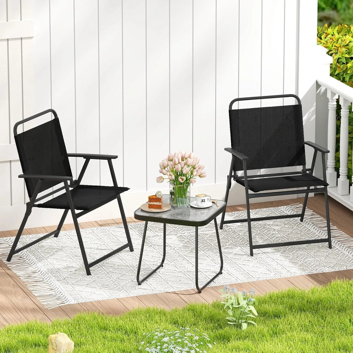 3 Pieces Folding Patio Bistro Set, Patio Furniture Set with 2 Folding Fabric Chairs and Side Table, Small Outdoor Conversation S