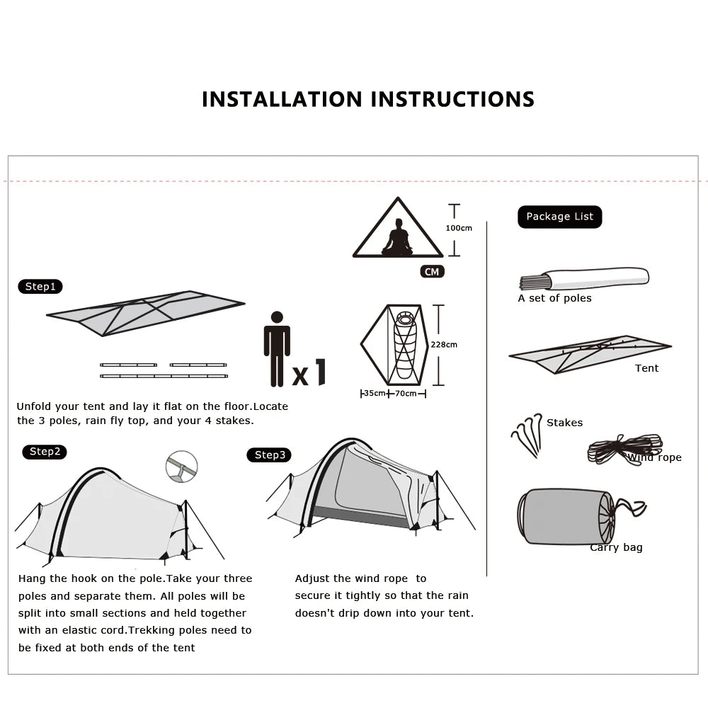 15D Double Layer One Men Single Person Tunnel Backpacking Tent 3 Season For Camping Hiking Travelling Ultralight Silicone Coated