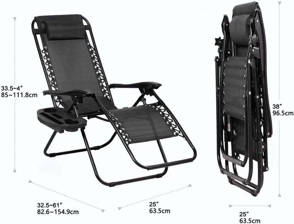 Set of 2 Relaxing Recliners Patio Chairs Adjustable Steel Mesh Zero Gravity Lounge Chair Beach Chairs with Pillow and Cup Holder