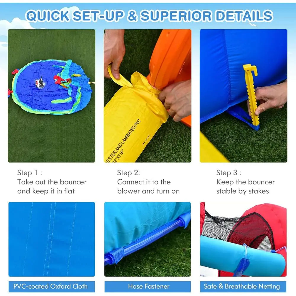 Iatable Water Slides, Kids Jumping Bounce House w/Long Slides, Climbing Wall & Large Splash Pool, Water Cannons & Hose