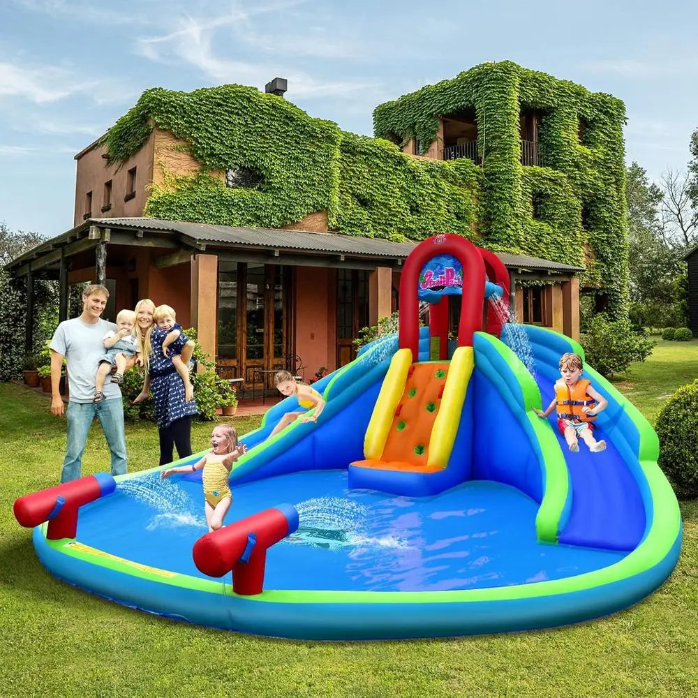 Iatable Water Slides, Kids Jumping Bounce House w/Long Slides, Climbing Wall & Large Splash Pool, Water Cannons & Hose