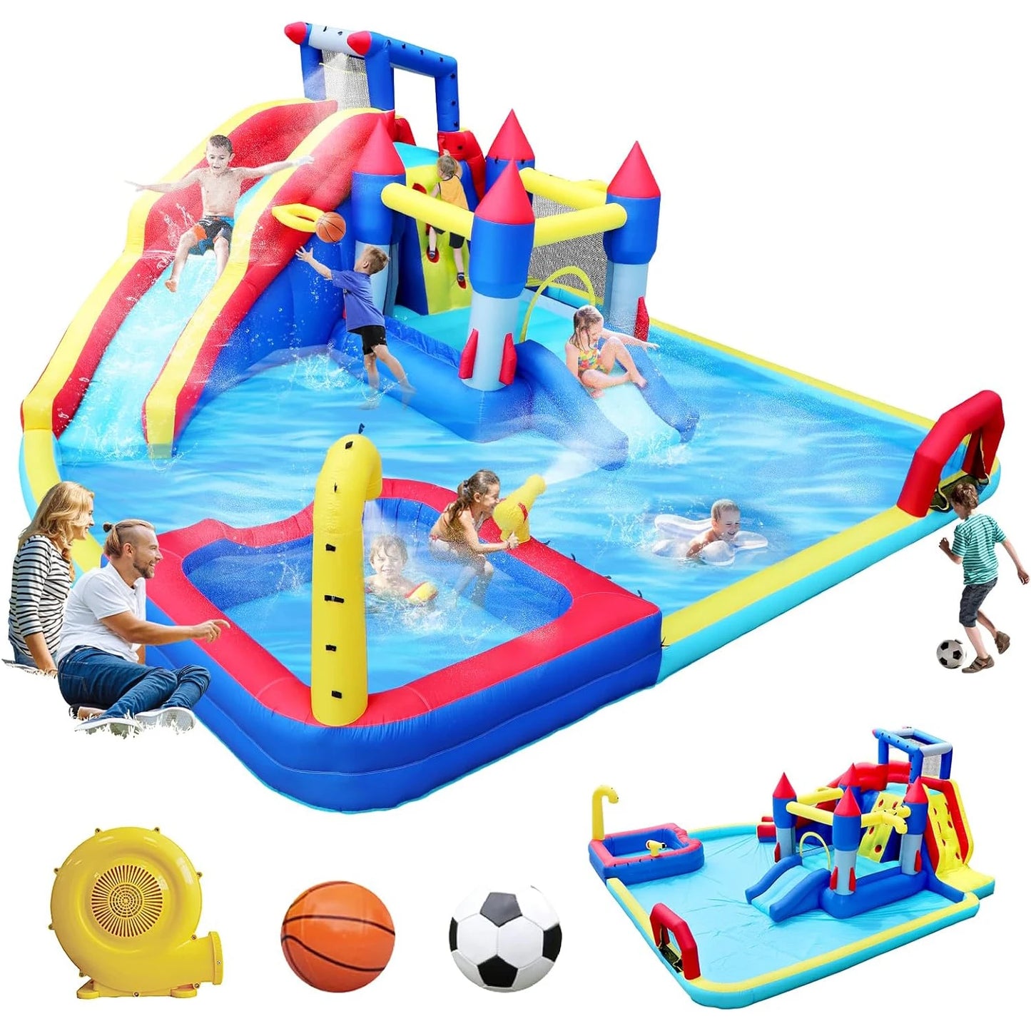 10 in 1 Inflatable Bounce House Water Park for Kids Toys Slide Waterslide with Splash Pool & Basketball & Climbing Wall & Blower