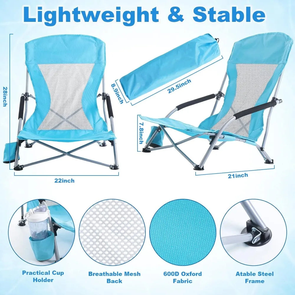 2 Pack Beach Chair for Adult with 2 Umbrella Low Folding Chair Detachable Adjustable Lightweight  Customized