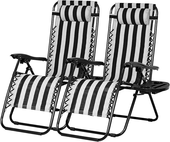 Set of 2 Relaxing Recliners Patio Chairs Adjustable Steel Mesh Zero Gravity Lounge Chair Beach Chairs with Pillow and Cup Holder