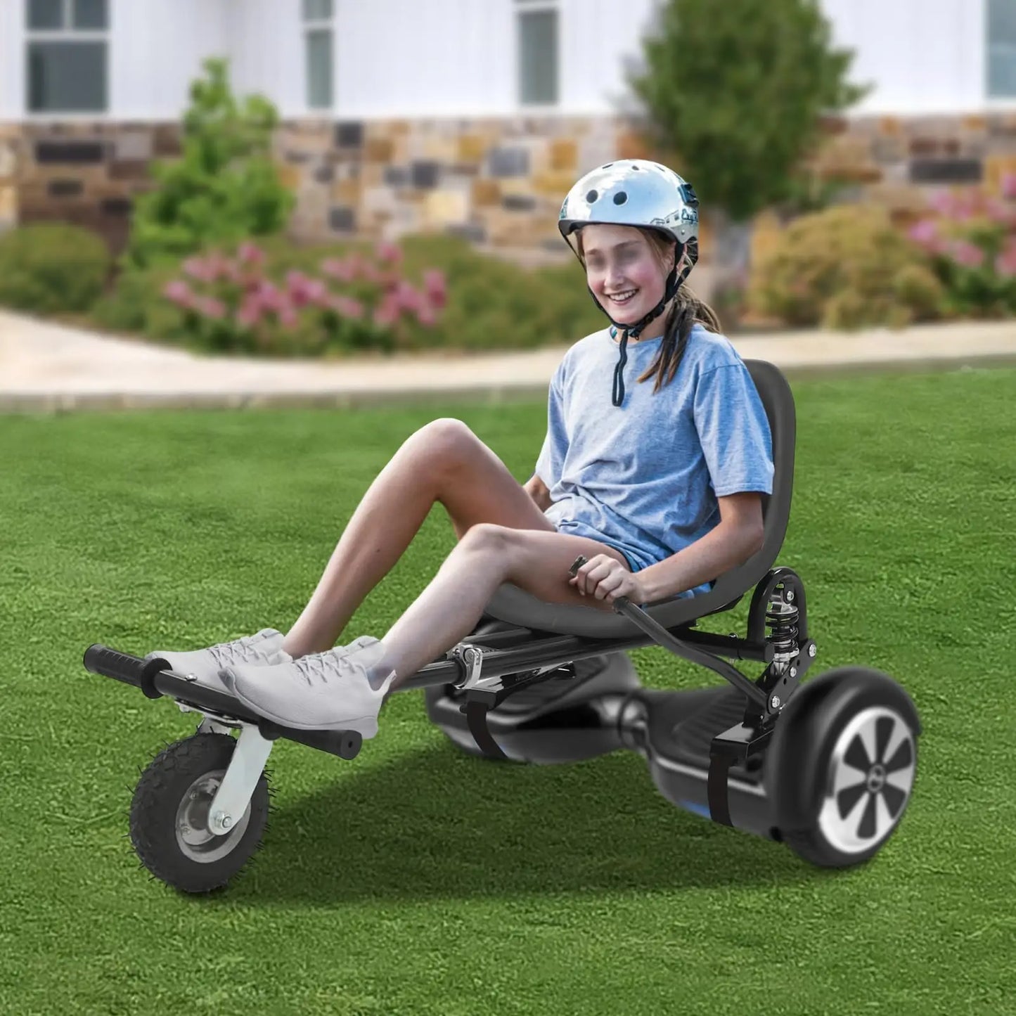 Hoverboard Seat Attachment, Hoverboard Go Kart with Doual Pole Rear Shock Absorption, Adjustable Frame Length and Handlebar Cont