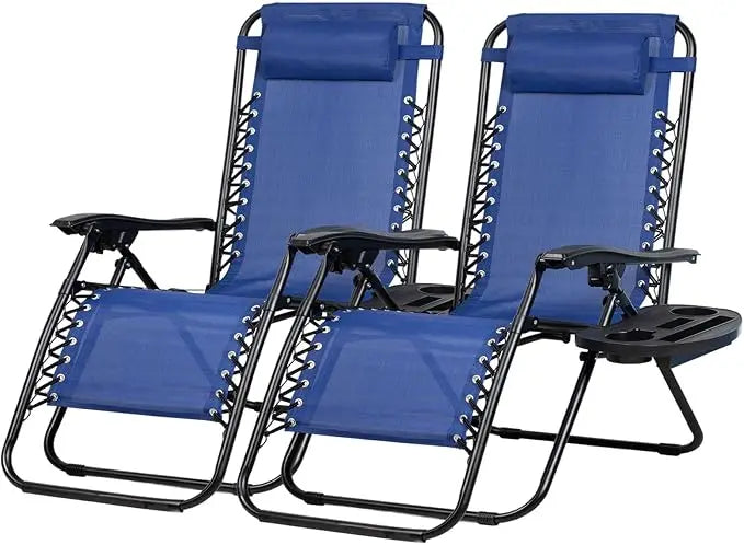 Set of 2 Relaxing Recliners Patio Chairs Adjustable Steel Mesh Zero Gravity Lounge Chair Beach Chairs with Pillow and Cup Holder