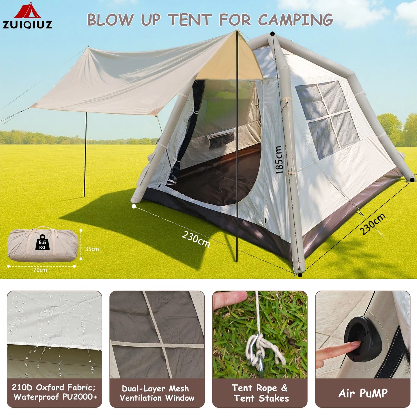 Family Tourist Inflatable Tent Outdoor Sunshade Windproof Stable Nature Hike Camping Tent Portable Overnight Camping Supplies