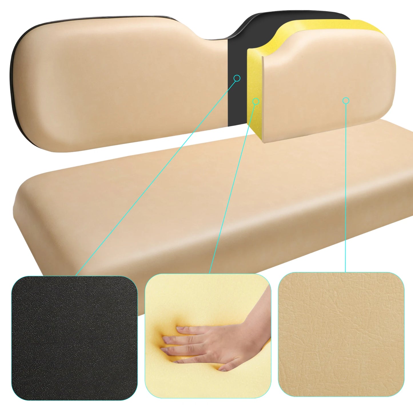 Roykaw Golf Cart Rear Flip Seat Cushions Compatible with EZGO, Club Car, Yamaha, Include Backrest and Seat Bottom, Black/Tan