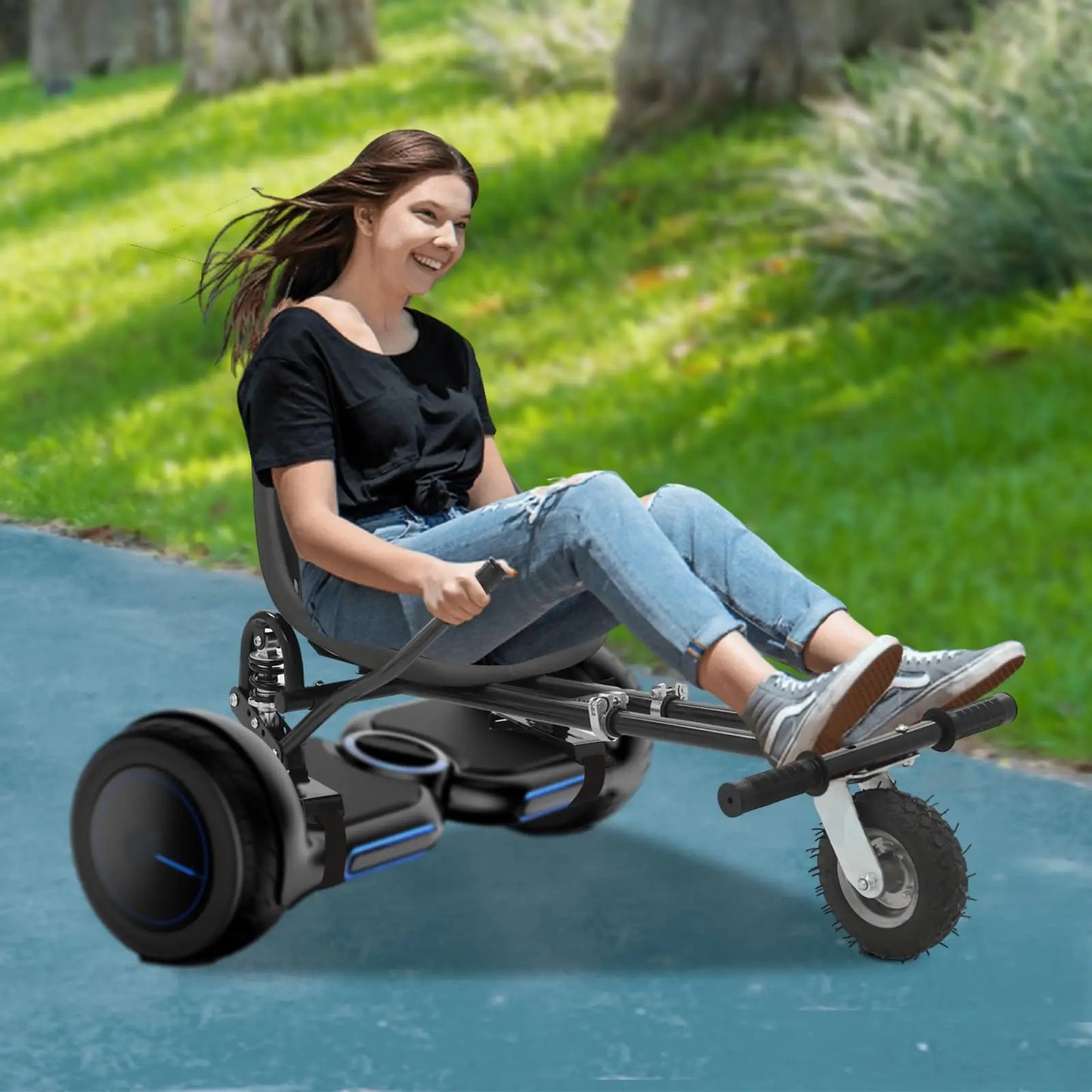 Hoverboard Seat Attachment, Hoverboard Go Kart with Doual Pole Rear Shock Absorption, Adjustable Frame Length and Handlebar Cont