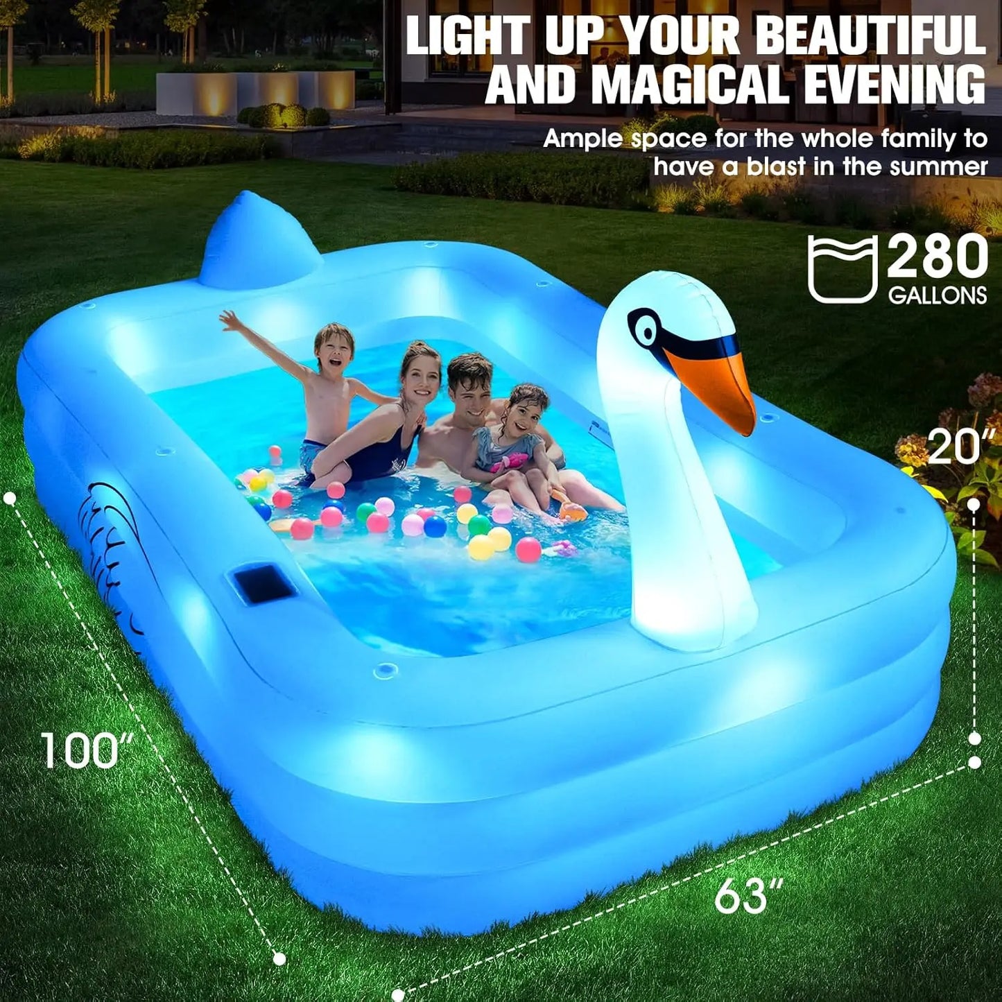Blow Up Pools For Adults, Solar Swan Inflatable Pool With Lights, Inflatable Swimming Pool For Adults, Large Blow Up Pool For Ki