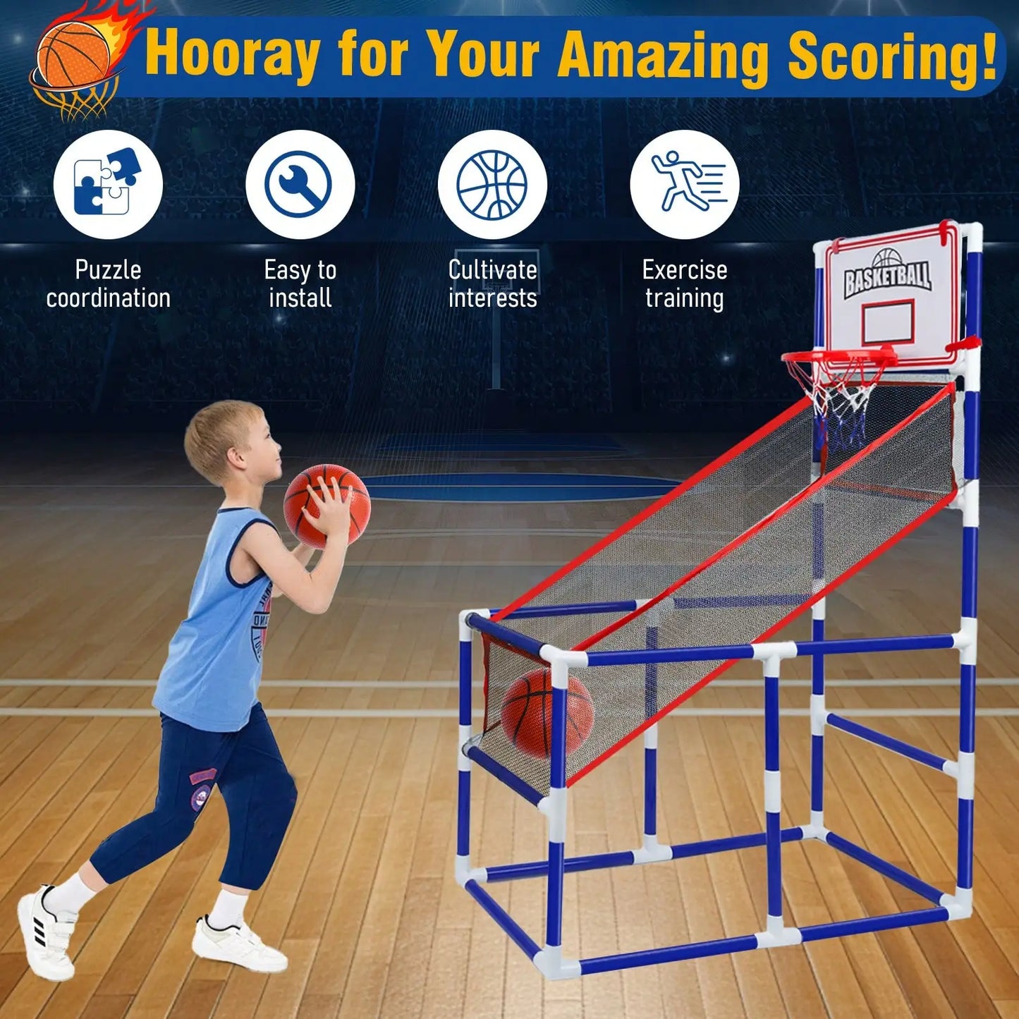 Kids Basketball Game Set With 4 Balls, Adjustable Toy Game Sport With Storage For 3 To 6 Years Old, Kids Basketball Hoop
