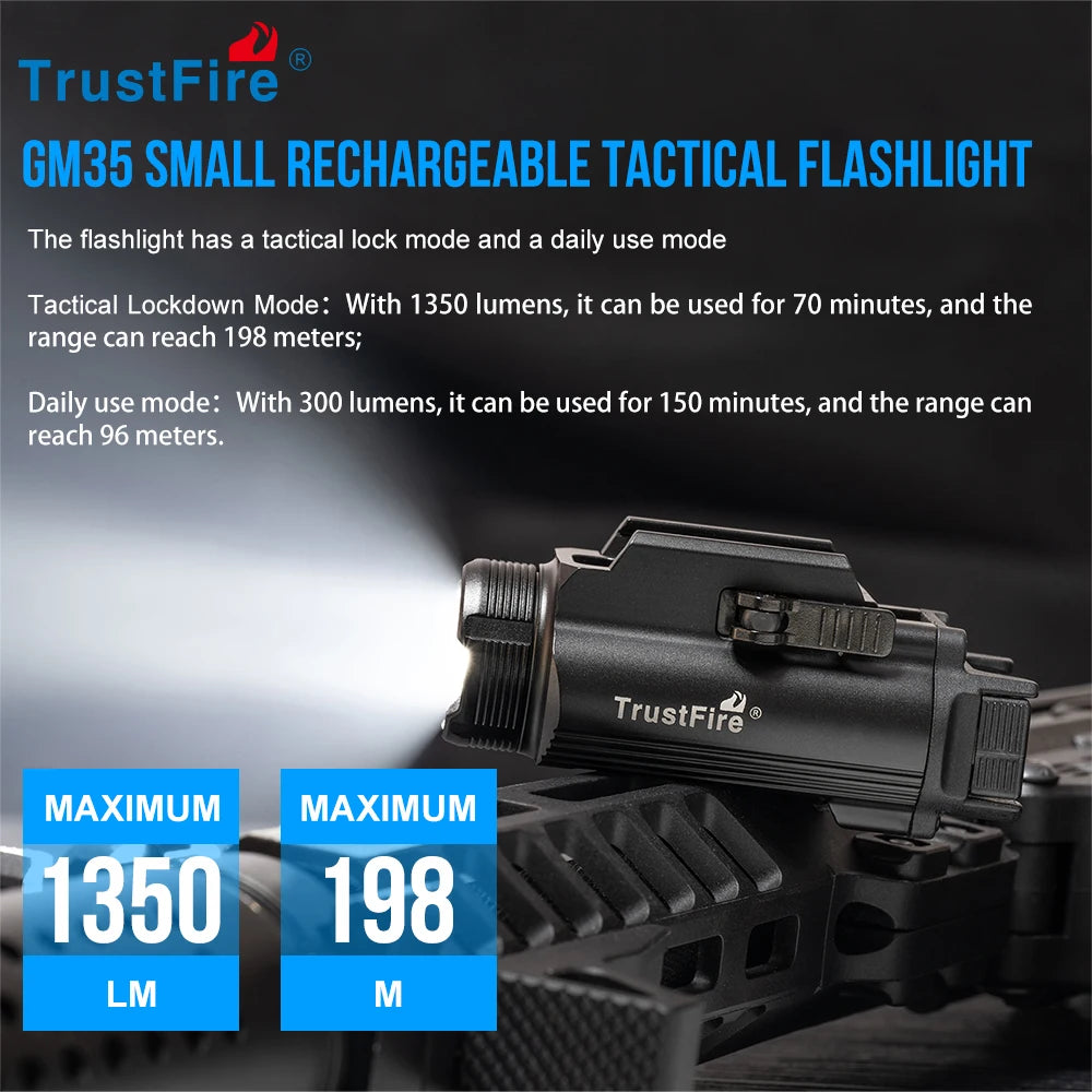 Trustfire GM35 Tactical LED Flashlights Mini Pistol Lights 1350Lumens USB Rechargeable Quick Release Handgun 1913/GL Rail