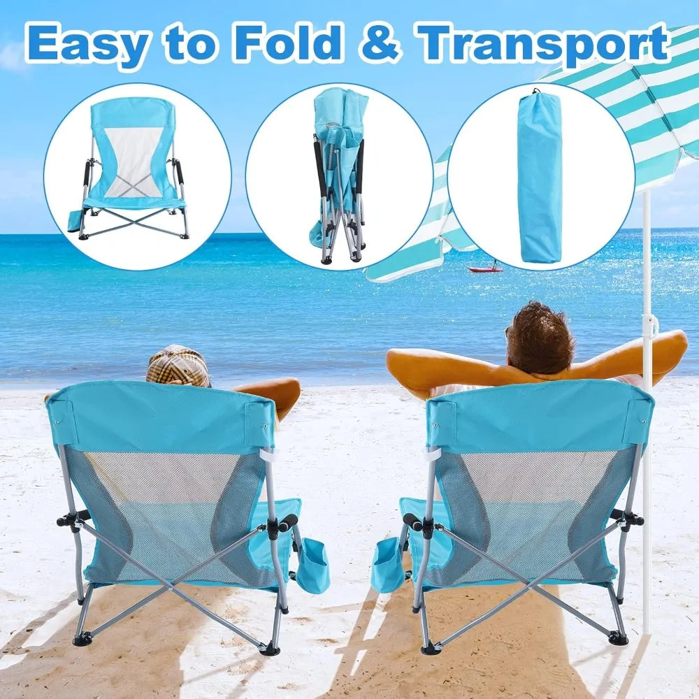2 Pack Beach Chair for Adult with 2 Umbrella Low Folding Chair Detachable Adjustable Lightweight  Customized