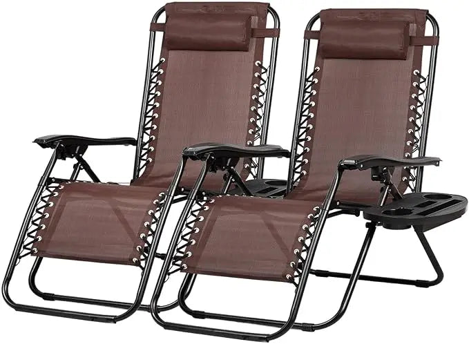 Set of 2 Relaxing Recliners Patio Chairs Adjustable Steel Mesh Zero Gravity Lounge Chair Beach Chairs with Pillow and Cup Holder