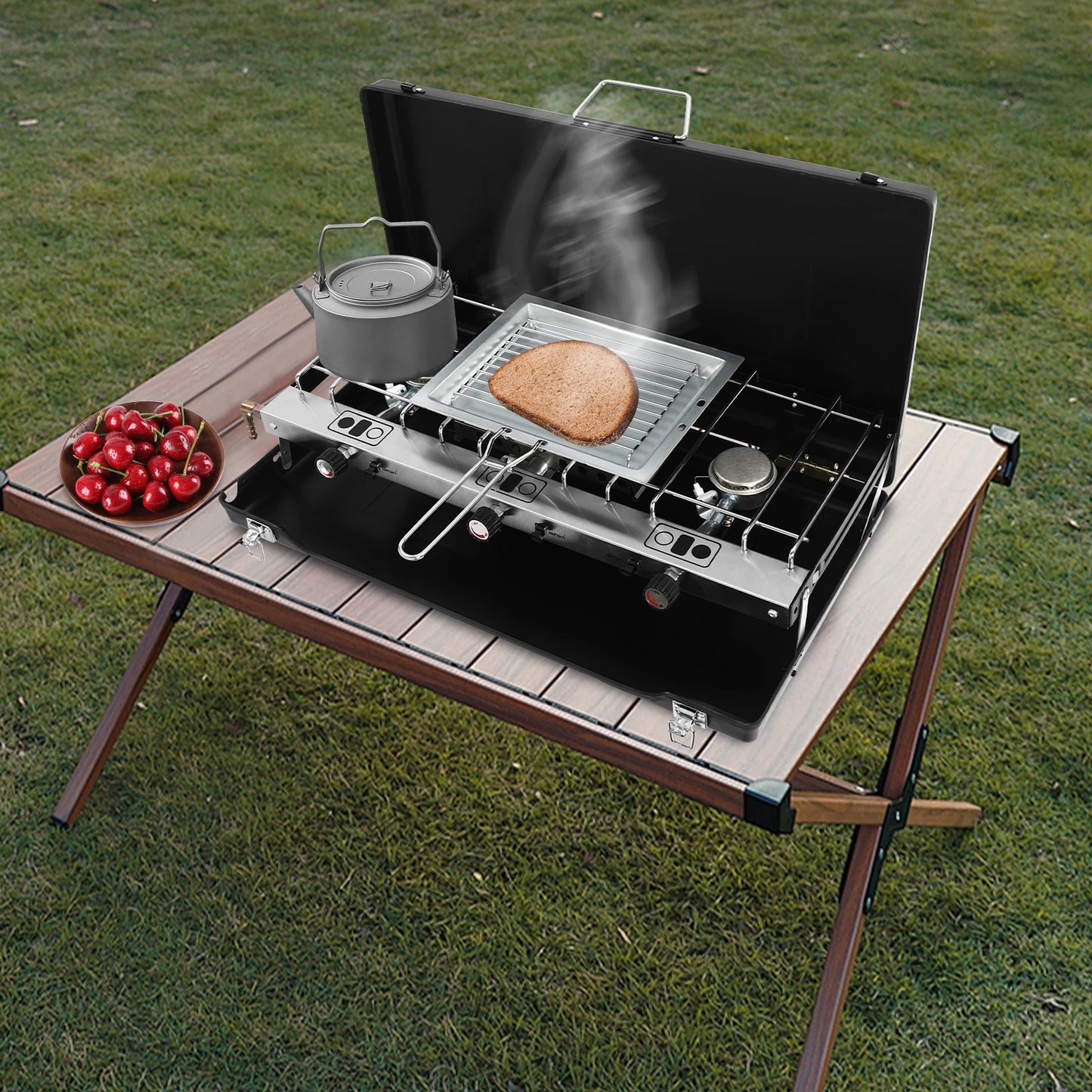 Portable Camping Stove 4.5KW Total Power 3 Burners Foldable Design Piezo Ignition Wind Shield Lid Detachable Grid Lightweight