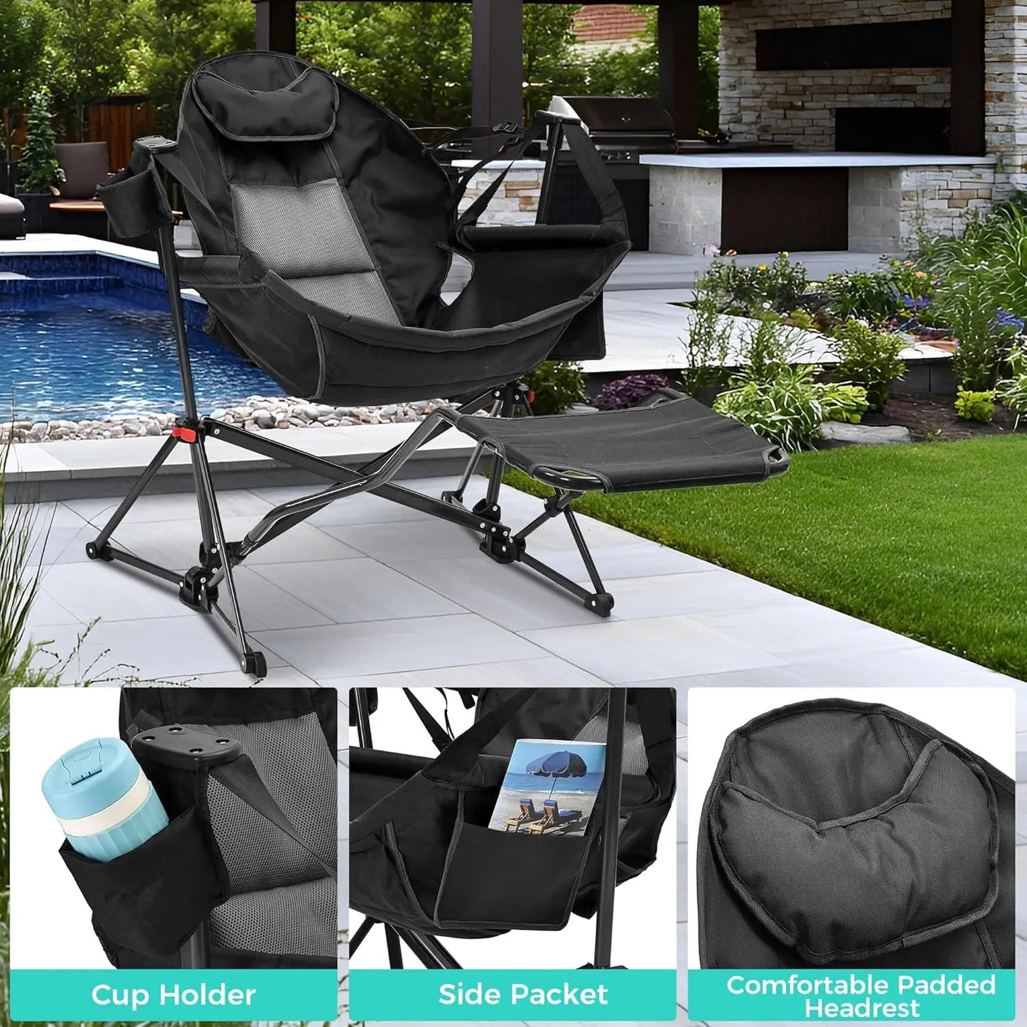 Foldable Hammock Chair with Footrest, Portable Rocking Camping Chair for Adults, Outdoor Patio Poolside Comfort