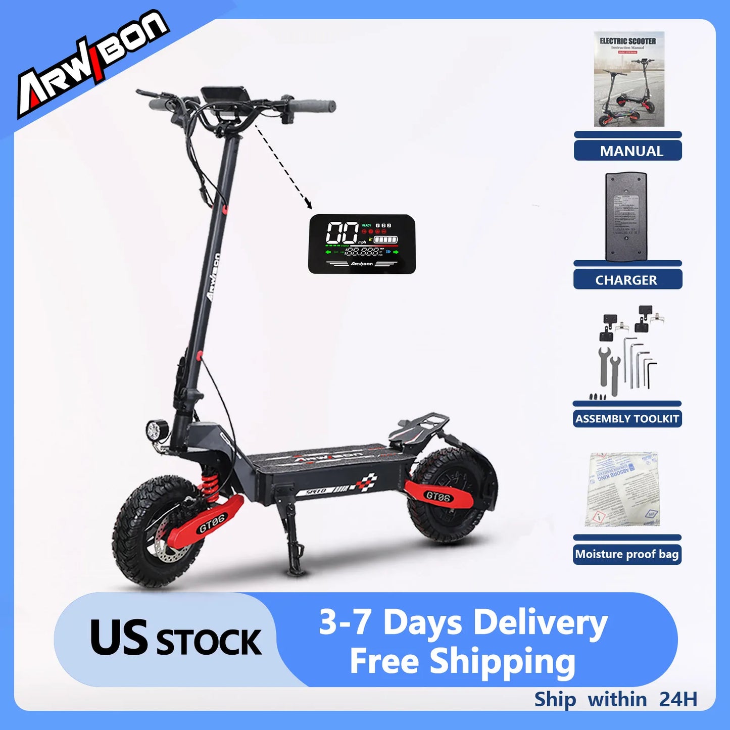 Arwibon GT06 1200W Foldable E-Scooter for Adults -Max Speed 25MPH, 48V 13AH/23.4AH, 11"Off-Road Tires | US Stock, Factory Direct