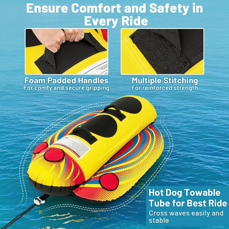 Goplus Inflatable Towable Tubes for Boating,1-2 Rider Hot Dog Tube for Boat to Pull,Water Sports Banana Boat w/ EVA-Padded Seats