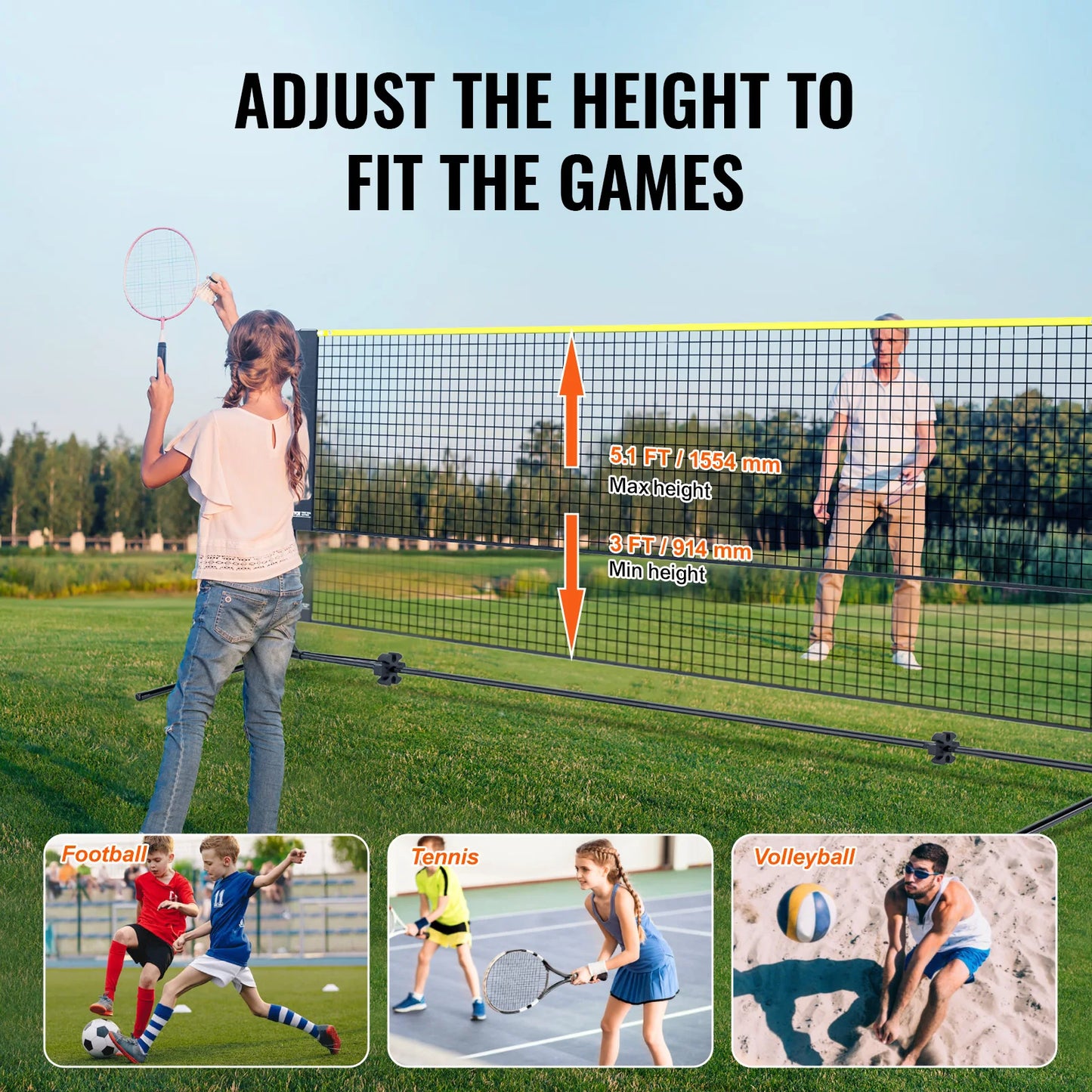 VEVOR 20FT Badminton Net Height Adjustable Volleyball Net Wide Foldable Pickleball Net Portable Tennis Net Set with Poles Stand