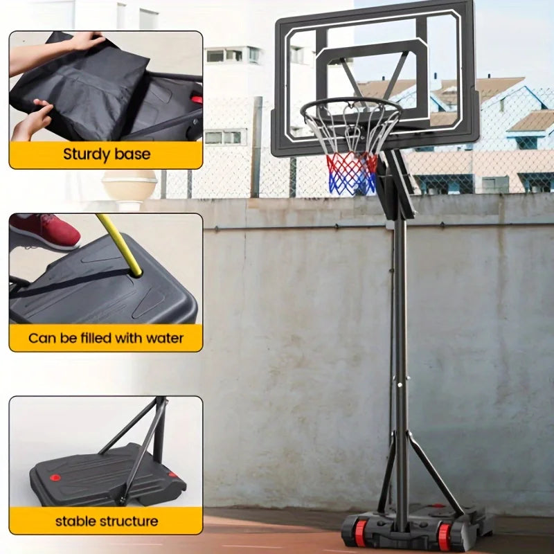 1 Basketball Hoop Outdoor 5.5-9.5 Feet Adjustable Height, 33 Inch Shatter Resistant Backboard, Portable Hoop Court System