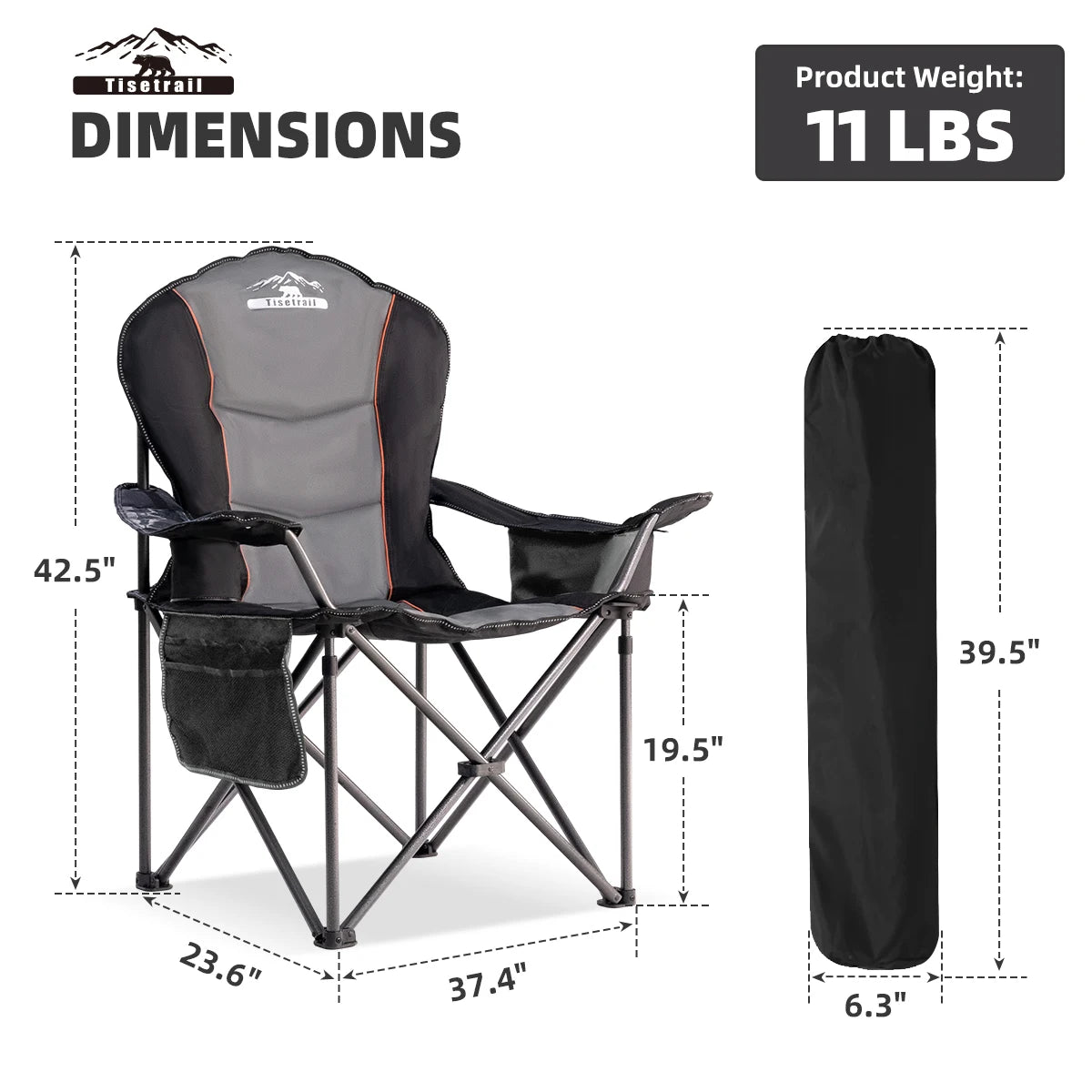 Tisetrail Oversized Camping Chair Folding Chair with Cooler Padded Outdoor Chairs Heavy Duty Support 500 LBS Black&Gray