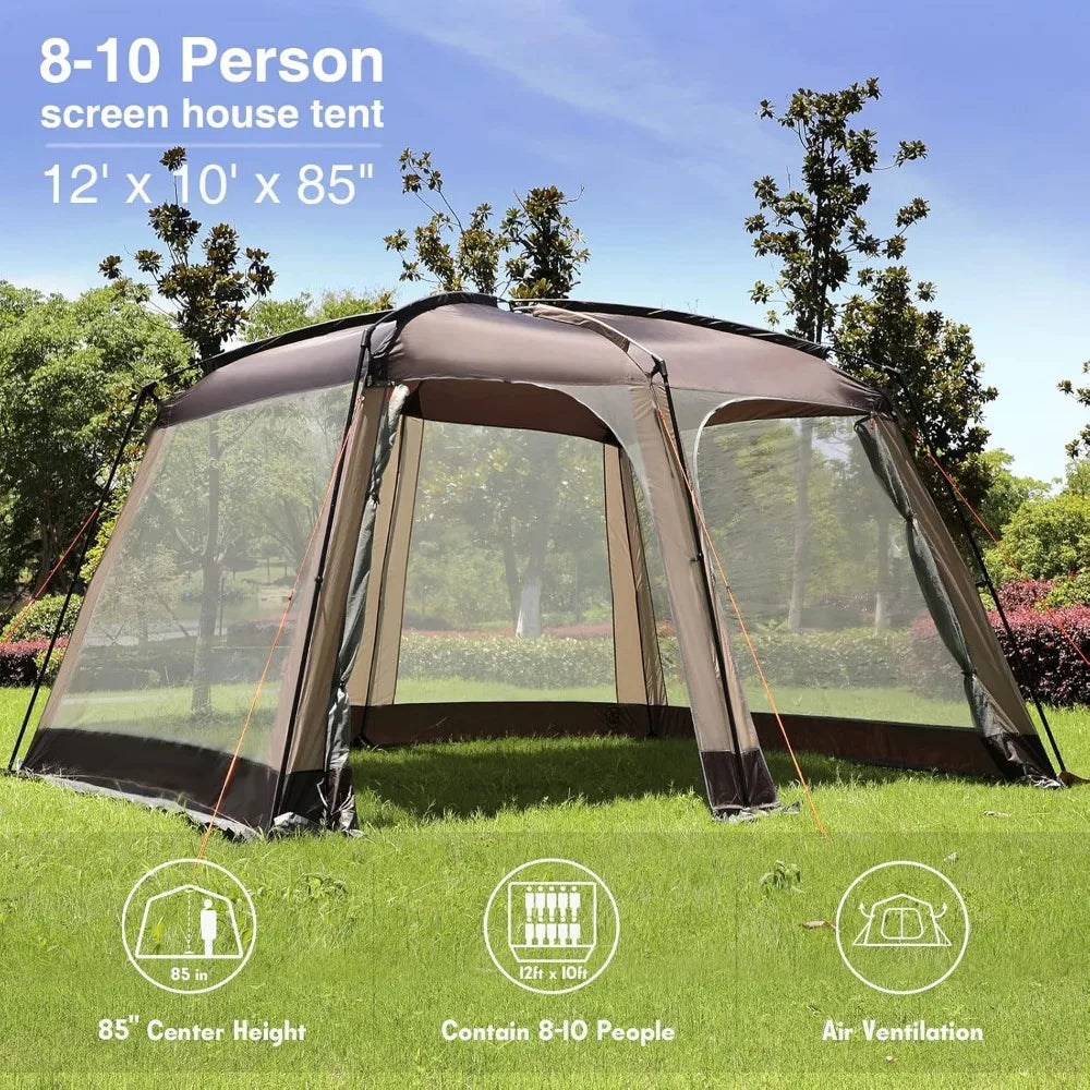 12' x10' Screen House Tent Netted Canopy Mesh Tents for Camping 8-10 Person Sun Shelter