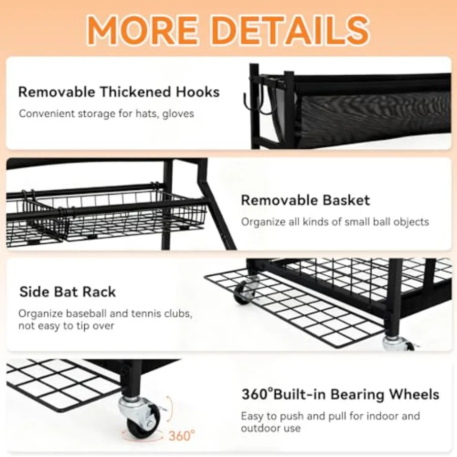 Sports Equipment Garage OrganizerSports Ball Organizer with Basket Hooks and Wheels Ball Storage Rack for Football Basketball S