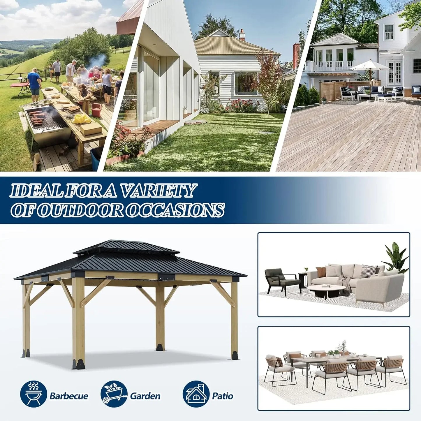 11'x13' Wood Gazebo,Outdoor Hardtop Gazebo with Galvanized Steel Doule Roof, Wooden Frame Gazebos for Patio Backyard Deck