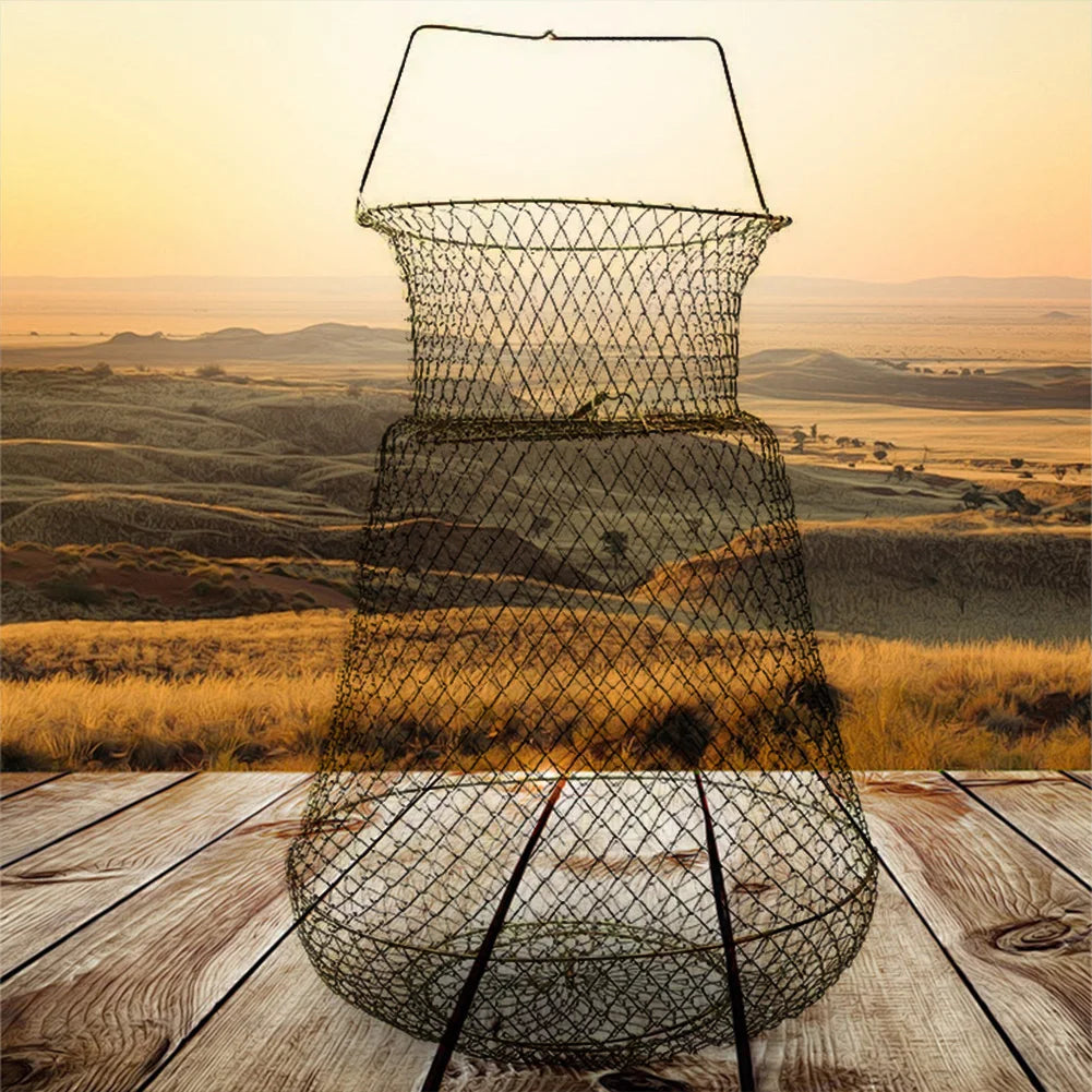 Galvanized Steel Wire Fish Basket Collapsible Fishing Basket Foldable Minnow Bucket Metal Mesh Fish Trap for Outdoor Fishing