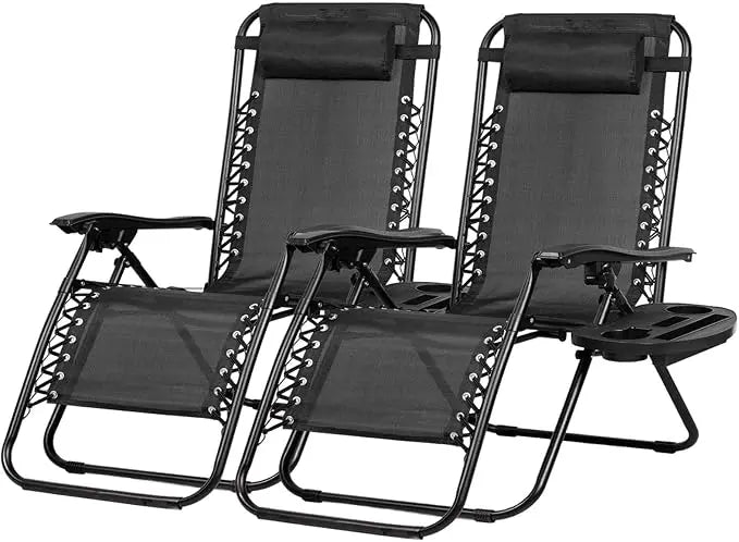 Set of 2 Relaxing Recliners Patio Chairs Adjustable Steel Mesh Zero Gravity Lounge Chair Beach Chairs with Pillow and Cup Holder