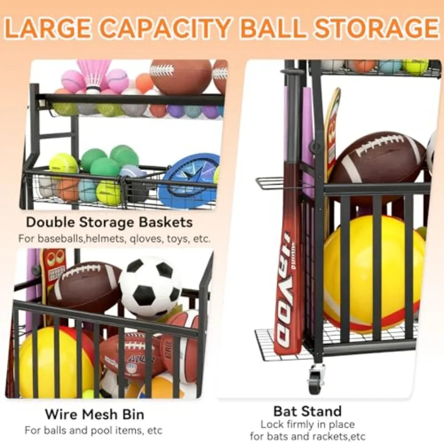 Sports Equipment Garage OrganizerSports Ball Organizer with Basket Hooks and Wheels Ball Storage Rack for Football Basketball S