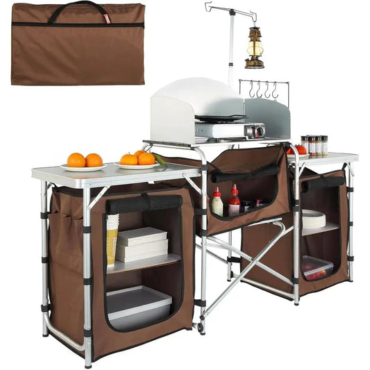 Camping Kitchen Table, olding Outdoor Cooking Table with Storage Carrying Bag, Cook Station 3 Cupboard & Detachable Windsn, Quic