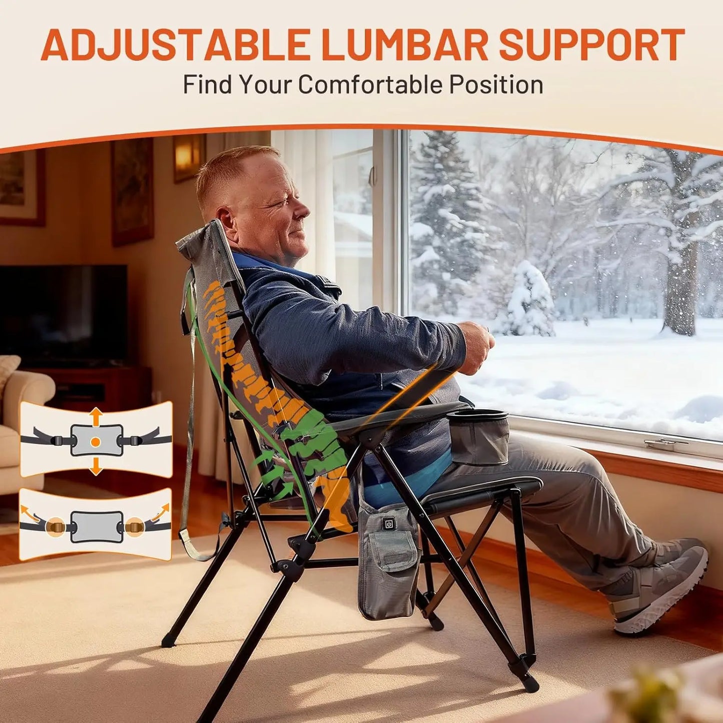 Oversized Heated Camping Chair with Lumbar Support, Heavy Duty Folding Chair for Adults, 450 LBS Capacity, High Back, Portable O