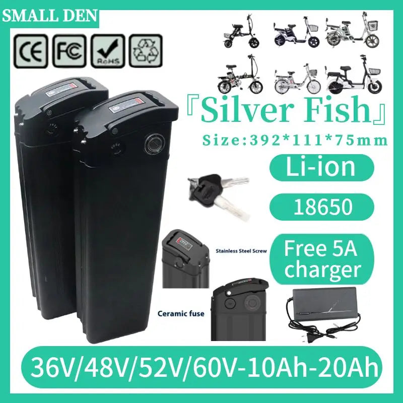 Silver Fish 36V/48V/60V 10Ah 20A lithium battery pack suitable for 1800W handheld folding two wheeled scooter battery+5A charger
